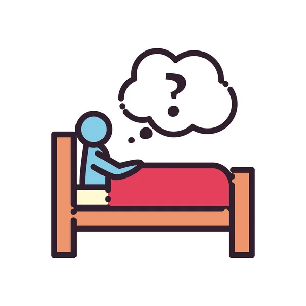 Dormir homme sur le lit avec point d'interrogation dans la ligne de bulle et le style de remplissage icône vectorielle design — Image vectorielle