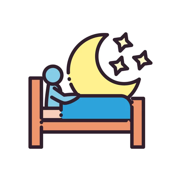 Homem adormecido na cama na frente da linha da lua e preencher design de vetor ícone estilo — Vetor de Stock