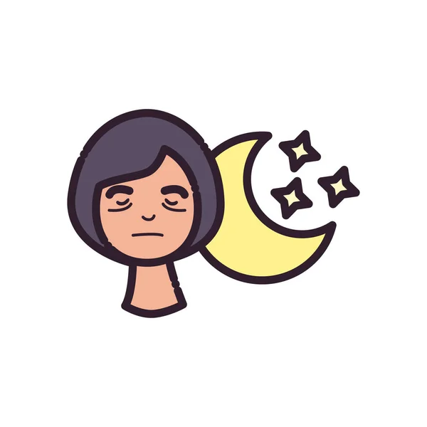 Dibujos animados de la mujer con el insomnio y la línea de la luna y el estilo de relleno icono de diseño vectorial — Vector de stock