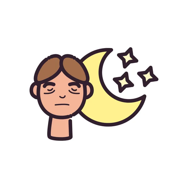 Man cartoon met slapeloosheid en maan lijn en vul stijl pictogram vector ontwerp — Stockvector