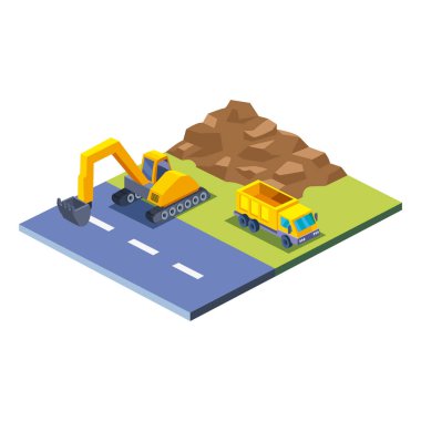 İnşaat kazıcı damperli kamyon ve Dünya izometrik biçim ikon vektör tasarımı