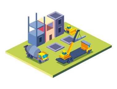 inşaat beton karıştırıcı ve fabrika izometrik biçim ikon vektör tasarımı