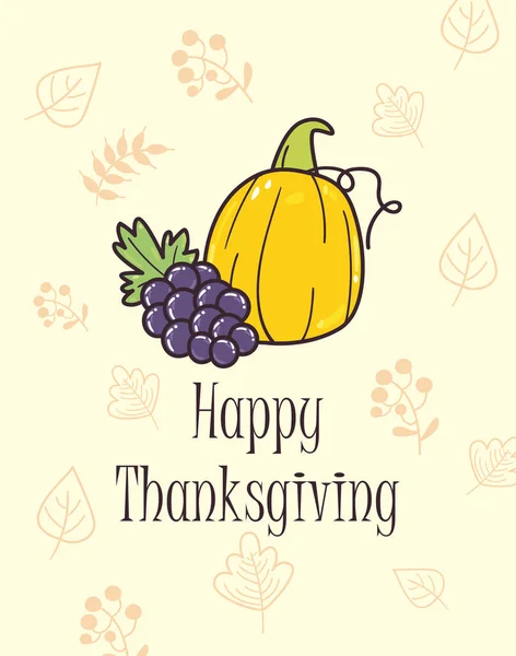 Happy thanksgiving day grapes and pumpkin line and fill style icon vector design — Stock Vector