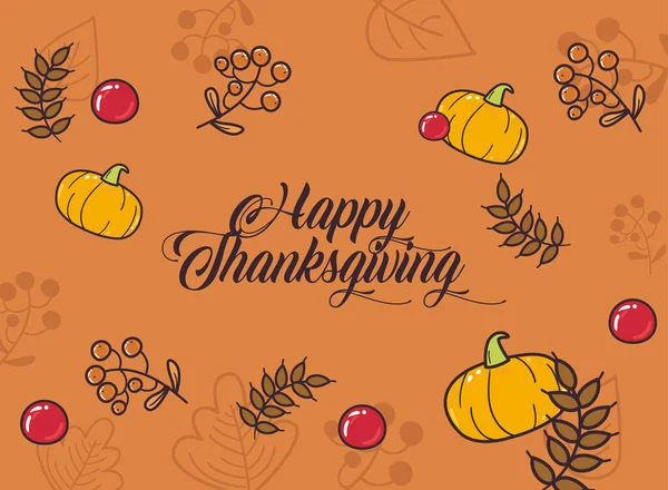 Happy Thanksgiving Day Kürbisse Beeren und Blätter Linie und füllen Stil-Ikone Design — Stockvektor