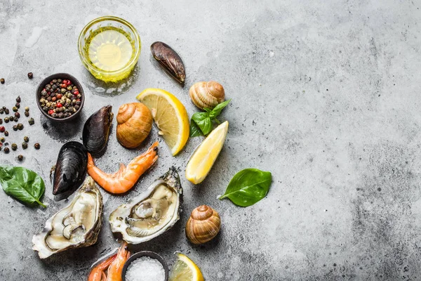 Assortment of fresh seafood: oysters, shrimps, clams, mussels, shells with lemon, olive oil, herbs on grey stone rustic background, top view, space for text. Ready for cooking seafood, copy space
