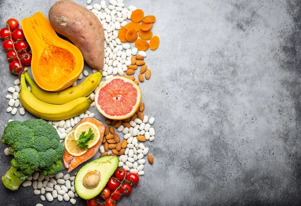 Zöldség Gyümölcs Kálium Háttér Felülnézet Hely Szöveget Tartalmazó Élelmiszerek Természetes — Stock Fotó