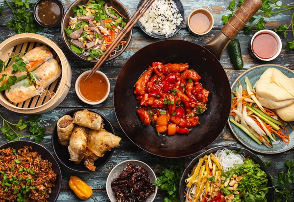 Top View of Chinese Take Away Food with Chop Sticks on Wooden Table. Spicy  Asian Food in White Box - Salad, Souse, Rice with Egg, Stock Image - Image  of food, beef: 148326521