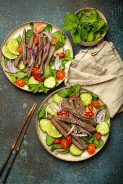 İki tabak geleneksel Tayland sığır eti salatası, sebzeli ve naneli. Beton arka planda servis ediliyor, sağlıklı egzotik Asya yemeği..