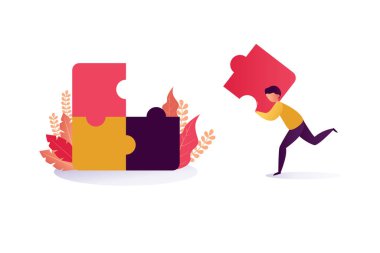 İş çözümü konsepti: işadamı yapboz parçasını kaldırıyor. Başarılı olmak için sıkı çalışanların bir örneği