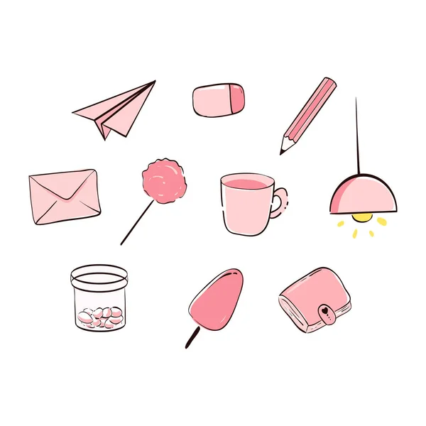 cute pink sticker set of paper plan, eraser, pencil, mail, candy, coffee, lamp, light bulb, ice cream, wallet.