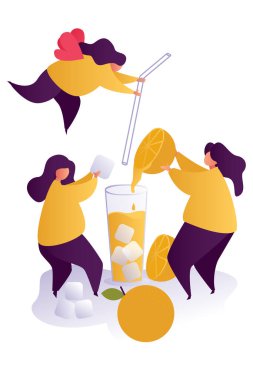 Meyve içeceği yapan insanlar. Turunçgil dilimleri, buz, karpuz, saman ve suyla dolu cam bardak. Yaz için vektör illüstrasyonu, organik limonata, portakal suyu, taze bar konuları