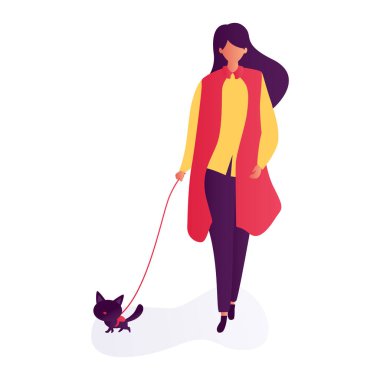 Yürüyen bir evcil hayvan. İnsan ve kedi örnekleri. Mutlu, komik insanlar oyun oynuyorlar, seviyorlar ve kedi yavrularına bakıyorlar, çizgi film tarzında evcil hayvanlar..