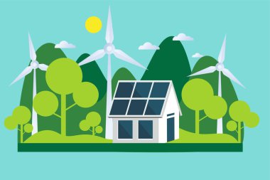 Modern Ev, Güneş Panelleri ve Rüzgar Türbinleri ile manzara. Eco House, Energy Efftive House, Green Energy konsept pankart tasarımı. Düz biçim illüstrasyonu.