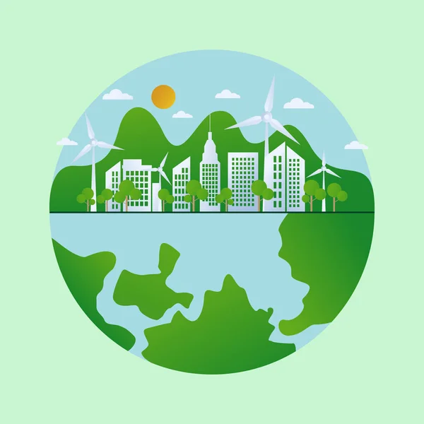 绿色地球能源 共同拯救世界 有树木和风力涡轮机的绿色星球 环境保护的概念 — 图库照片