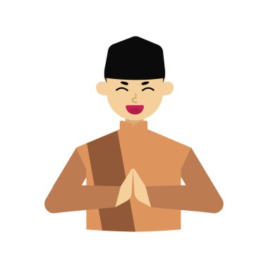 Müslüman insanların mutlu bir gülümseme ve dostça selamlaşmalarının karikatür çizimi. Müslüman çizgi film insanları..