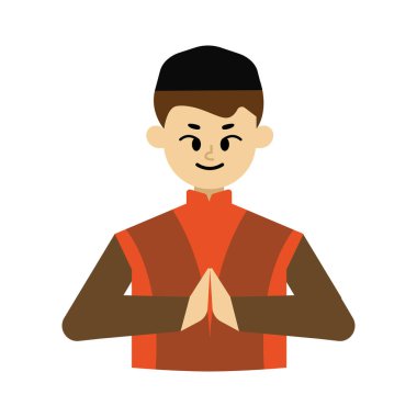 Müslüman insanların mutlu bir gülümseme ve dostça selamlaşmalarının karikatür çizimi. Müslüman çizgi film insanları..