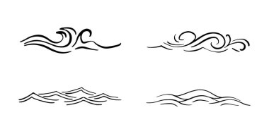Deniz dalgası simgelerini karala. El çizimi basit dalgalı çizgiler. Deniz fırtınası karalama simgeleri ayarlandı. Okyanus suyu eğrisi çizimi. Aqua doodle sembolleri. Vektör illüstrasyonu beyaz arkaplanda izole edildi.