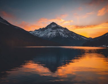 Dağ gölü üzerinde gün doğumu ya da gün batımı yansıması Su resimli doğal manzara
