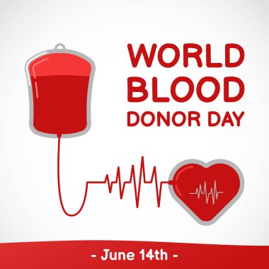 Dünya kan bağışı günü vektörü, 14 Haziran. Kan bağışlama günü konseptini kan keseleri ve kalp vektörleriyle tasarla. vektör