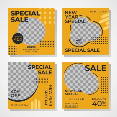 Taze sarı temalı basit bir sosyal medya şablonu. Banner özel indirimi ve yeni yıl baskısı ürünleri veya markaları tanıtmak için iyidir. Sancaklar vektörü