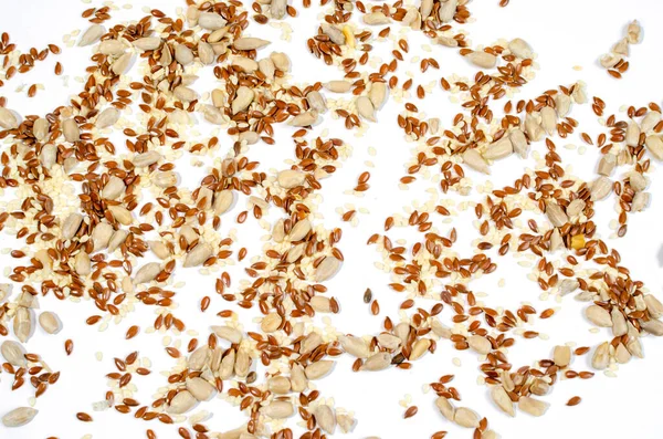 Sunflower Seeds Heap Flax Seeds White Background — Stock Photo, Image