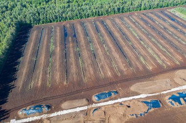 Turba tarlasının havadan görünüşü. Peat çıkarımı