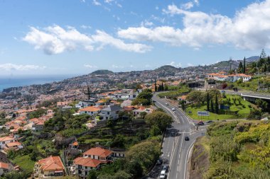Kırmızı Döşemeli Çatı ve Okyanus, Madeira, Portekiz 'in Panoramik Manzarası