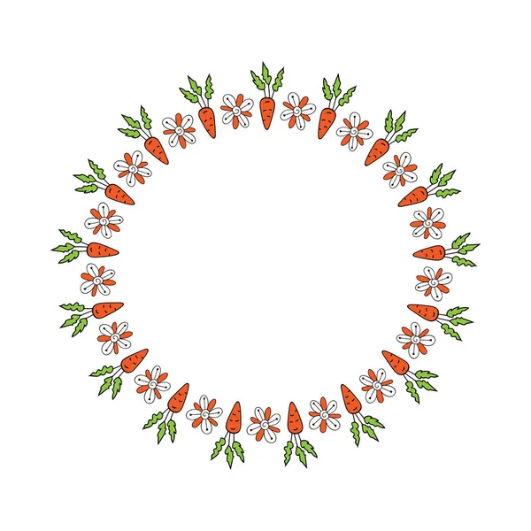 Round frame with carrots and flowers.Summer vector illustration isolated on white background.Bright background for invitations and banners.