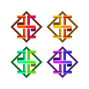 Dört soyut elmas şekilli bir koleksiyon, her biri eşsiz, karmaşık geometrik ve kurdele benzeri desenli, çeşitli renk paletleriyle yapılmış. Bu modern vektör çizimleri bir wh üzerinde izole edilir