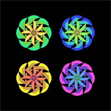 Yeşil, mavi, sarı ve mor renkte simetrik geometrik desenler içeren dört renkli çiçek tasarımının bir koleksiyonu, logo, markalaşma, dijital sanat ve dekoratif uygulamalar için idealdir..