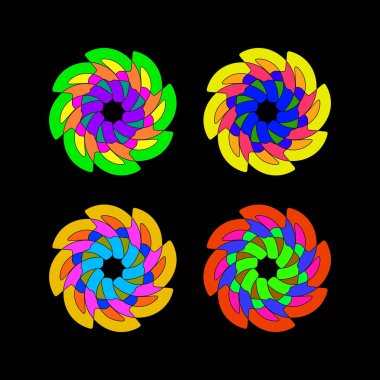 Üst üste binen yeşil, sarı, turuncu ve kırmızı renkleri içeren dinamik bir spiral desen dekoratif elementler, görsel kimlik ve sanatsal uygulamalar için mükemmeldir..