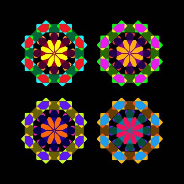 Yeşil, mor, mavi ve turuncu renklerde simetrik şekiller içeren canlı bir geometrik mandala deseni dekoratif elementler, görsel kimlik ve sanatsal uygulamalar için mükemmeldir..