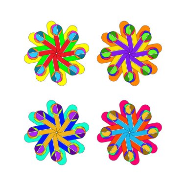 Canlı bir geometrik yıldız deseni sarı, turuncu, mavi ve pembe taç yaprakları içerir. Dekoratif elementler, görsel kimlik ve sanatsal uygulamalar için mükemmeldir..