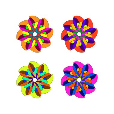 Turuncu, kırmızı, yeşil ve pembe taç yapraklarıyla üst üste binen canlı bir geometrik desen dekoratif elementler, görsel kimlik ve sanatsal uygulamalar için mükemmel..