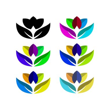 Siyah, mor, yeşil, mavi ve sarı renkli katmanlı çiçekli bir minimalist geometrik sembol, markalaşma, görsel kimlik ve sanatsal uygulamalar için mükemmeldir..