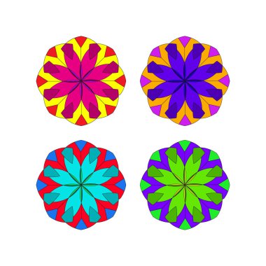 Canlı bir geometrik yıldız deseni pembe, mor, mavi ve yeşil taç yaprakları içerir, dekoratif elementler, görsel kimlik ve sanatsal uygulamalar için mükemmeldir..