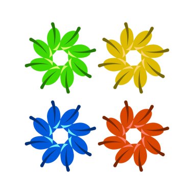 Yeşil, sarı, mavi ve turuncudan oluşan eşsiz bir renk şemasına sahip dört soyut çiçek deseninden oluşan bir koleksiyon. Bu modern vektör illüstrasyonları beyaz bir arkaplan üzerinde izole edilir.