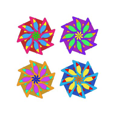 Dört soyut çiçek deseninden oluşan bir koleksiyon. Her birinin eşsiz ve karmaşık bir renk düzeni var. Bu modern vektör çizimleri beyaz bir arkaplan üzerinde izole edilir ve r için çok yönlü hale getirilir.