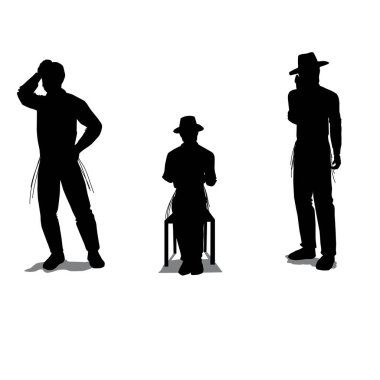 Üç siyah şapkalı Yahudi silueti sağdaki figür telefonda konuşur, ortadaki sandalye ve içki üzerine oturur, soldaki iç çeker ve endişeyle elini kafasından tutar..