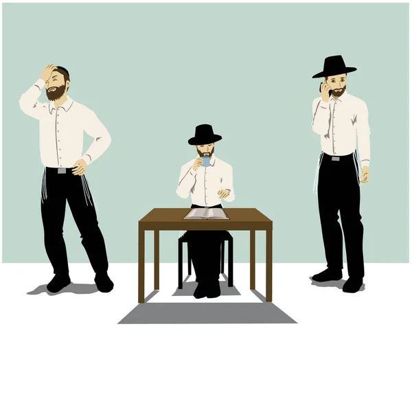 三个哈西底东正教犹太人 穿着白衬衫和黑色裤子 第三个叹息道 一个在电话里说话 另一个在学习托拉 喝咖啡 — 图库矢量图片