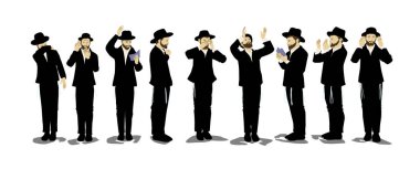 Ortodoks Yahudi şovalyelerinin dua edişinin ve ağlamasının tasviri. Şapka ve takım elbiseyle. Her karakter farklı bir şey yapar: Yalvarmak, aranjman yapmak, kalbini yumruklamak, ellerini kaldırmak.