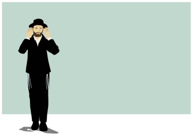 Bir Chassid 'in vektör çizimi. Dini Ortodoks Yahudi. Tevrat 'a bağlı ve emirlere bağlı. Dua ederek, ağlayarak, iç çekerek, yalvararak, figür bir şapka ve siyah bir takım giyiyor, her iki tarafında püskülleri olan..