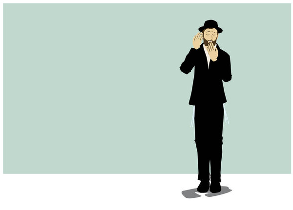 Vector drawing of a chassid. Religious orthodox Jew. Torah observant and commandments. Praying, crying, sighing, begging,The figure is wearing a hat, and a black suit, with tassels on both sides.