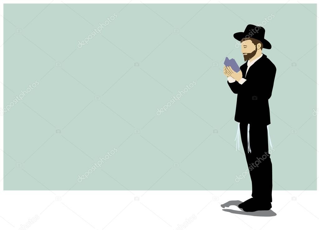 Vector drawing of a chassid. Religious orthodox Jew. Torah observant and commandments. Praying, crying, sighing, begging,The figure is wearing a hat, and a black suit, with tassels on both sides.