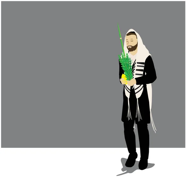 一个犹太教正统派人士的矢量图解 跟随者他裹着一条祈祷用的披肩 手里拿着四种苏克科特 Lulav Etrog Myrtle Willow — 图库矢量图片