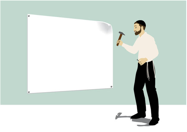 In the painting: a religious ultra-Orthodox Jewish man, a Hasid. A sign hangs. He holds a hammer and a screw. Wearing a white shirt, and black pants. Light blue background.