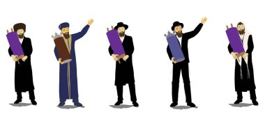 Yahudi ve hahamların, Aşkenazis 'in ve Sephardim' in özgün Yahudi kıyafetleri içinde ellerinde kapalı Tevrat parşömenleri ve dans figürlerinin vektör çizimleri..