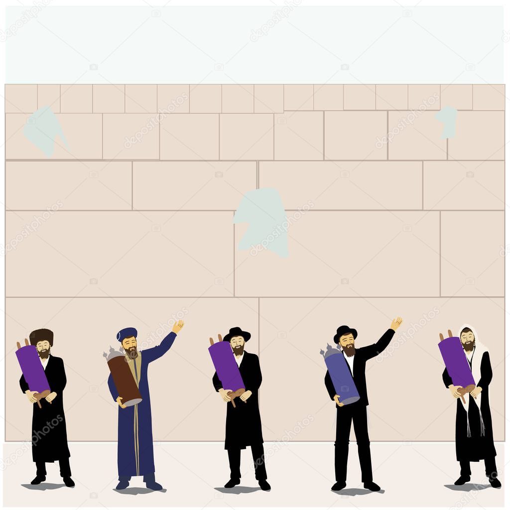 Vector drawing of observant Jews and rabbis, Ashkenazis and Sephardim dressed in authentic Jewish clothes holding closed Torah scrolls and dancing.  The background is the Western Wall in Jerusalem