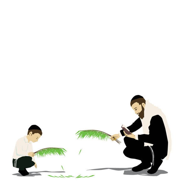 A Hassidic Jew with a tallit and next to him a young religious Jewish boy beating a willow on Sukkot on Hoshana Rabba They say Hoshanot.Leaves fall to the floor.Vector drawing.
