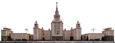 Moskova 'daki ünlü Rus üniversitesinin panoramik manzarası beyaz arka planda izole edildi